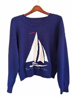 Marled boat intarsia Nautical 100% Cotton Pullover sweater, navy blue sz L, NWT